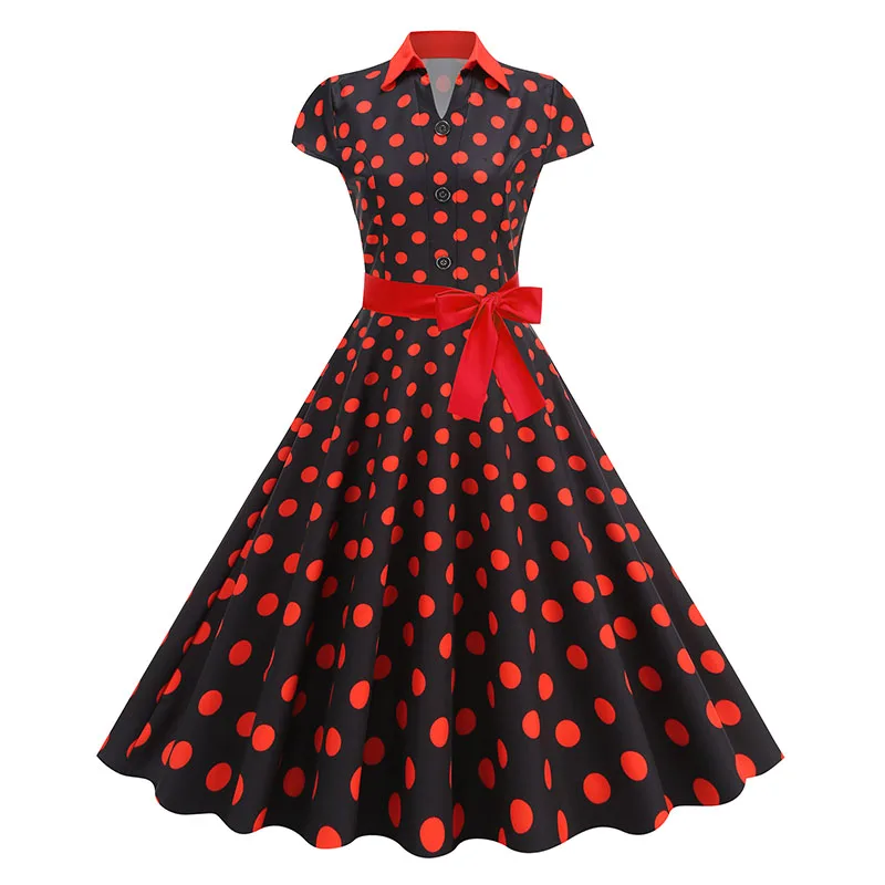 Elegant Vintage 1950s Women Summer Dress Polka Dot Print Turn-Down Collar Party Sundress with Belt