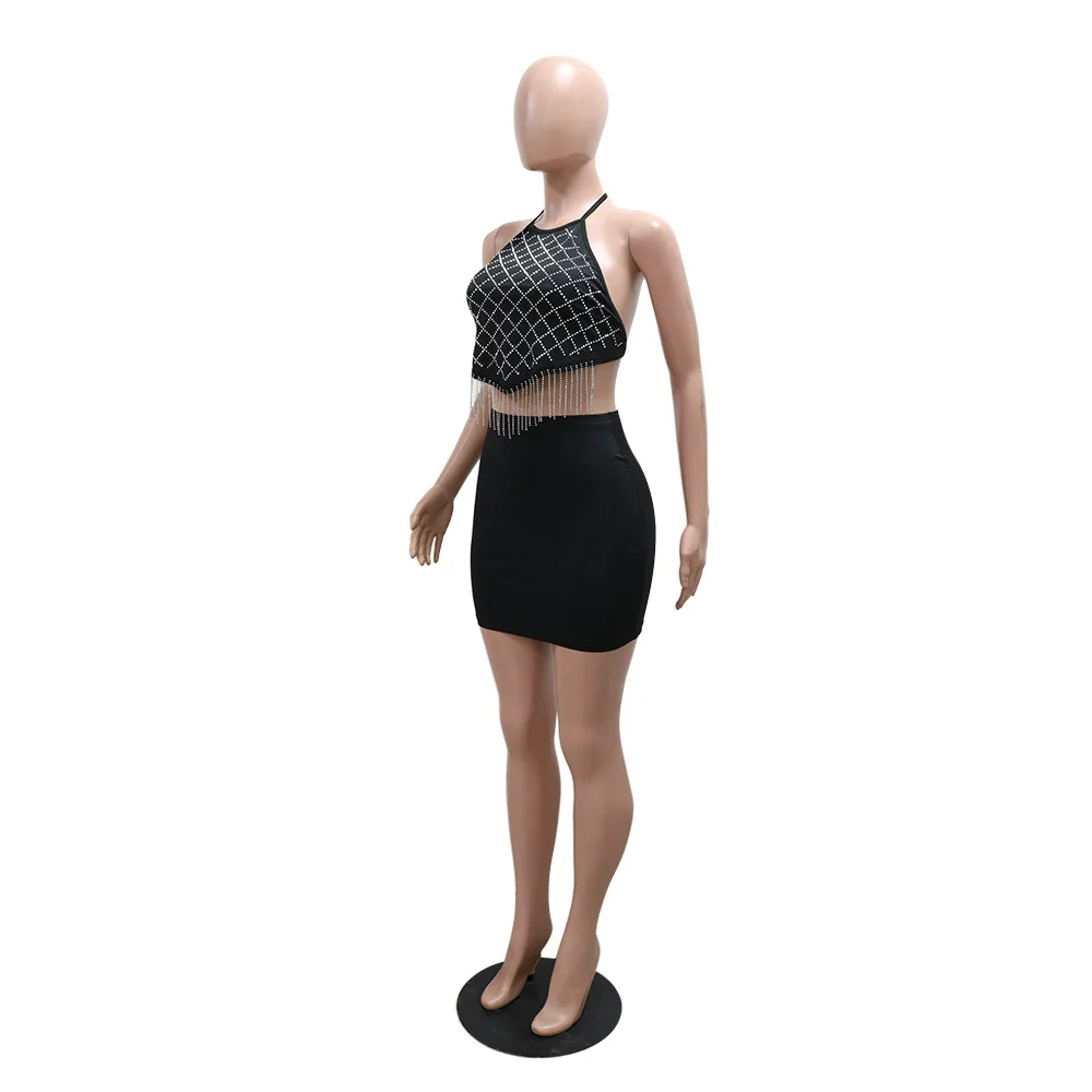 2025Solid Color Lace-Up Short Style Top with Diamond Splicing Tassel Two-Piece Set Hip-Hugging Skirt Included Fashionable Outfit