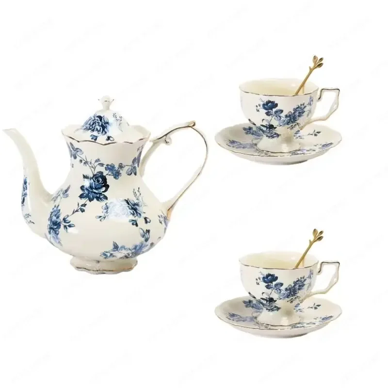 Rose Ceramic Coffee Set Pot with Spoon Set Retro English Afternoon Tea Large Tea Cup