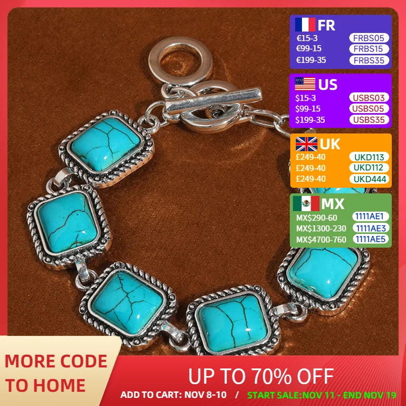 

Vintage Jewelry Square Turquoise Bracelet Retro Style Silver Color Charm Bangle For Woman Bohemia Luxury Girlfriend Gift 2025