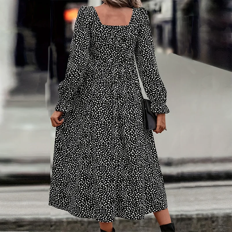 Plus-Size Polka Dot Print Square-Neck Midi Dress Elegant Stylish Loose Long-Sleeve Waist-Cinching Women's Dress view 2