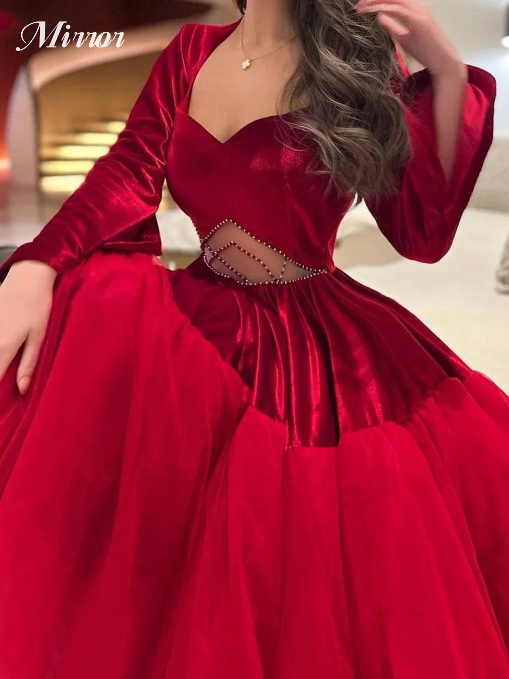 Gaun cermin elegan Vintage manis merah manik-manik seksi kerah persegi bola A-Line acara Formal gaun pesta malam gaun Prom