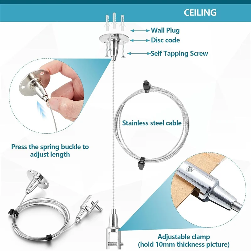 AB34-10 Pcs 6.5 Ft Ceiling Sign Hanger Picture Rail Hanging Suspension Wire Acrylic Board Display Metal Clamp