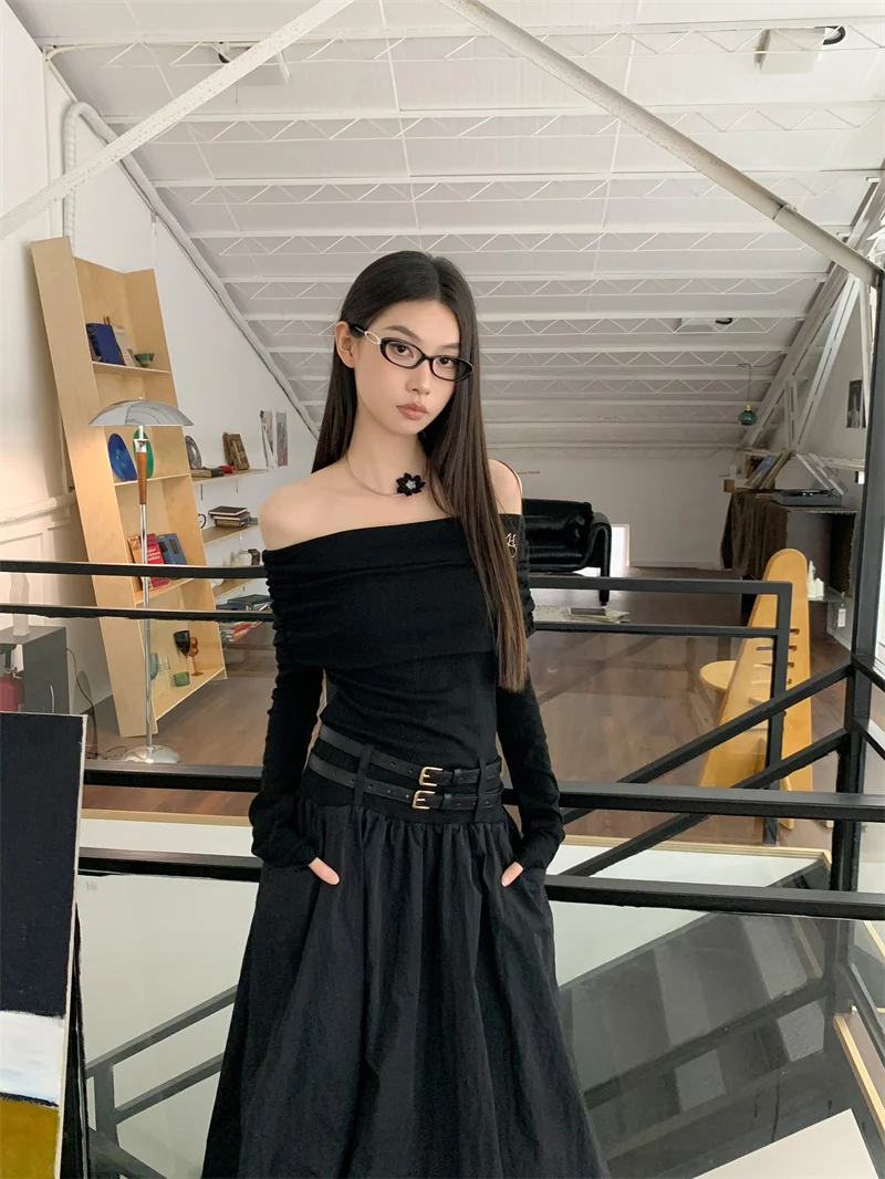 CHEERART Autumn Off The Shoulder Long Sleeve Midi Dress 2024 Women Black Tunics Bud Patchwork Long Luxury Dresses Clothing