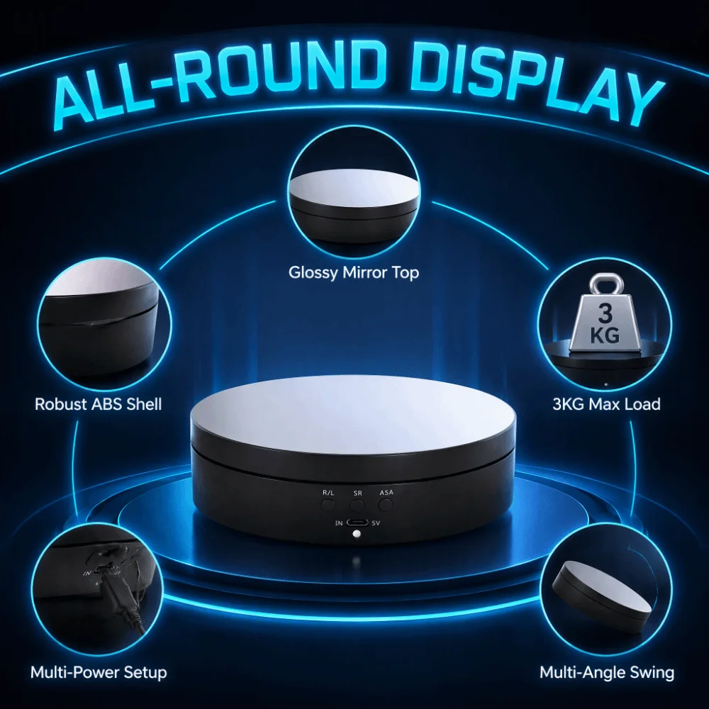 5.43x1.38in Rotating Display Stand Mirror Surface USB Powered Display Turntable Adjustable Speed Electric Motorized