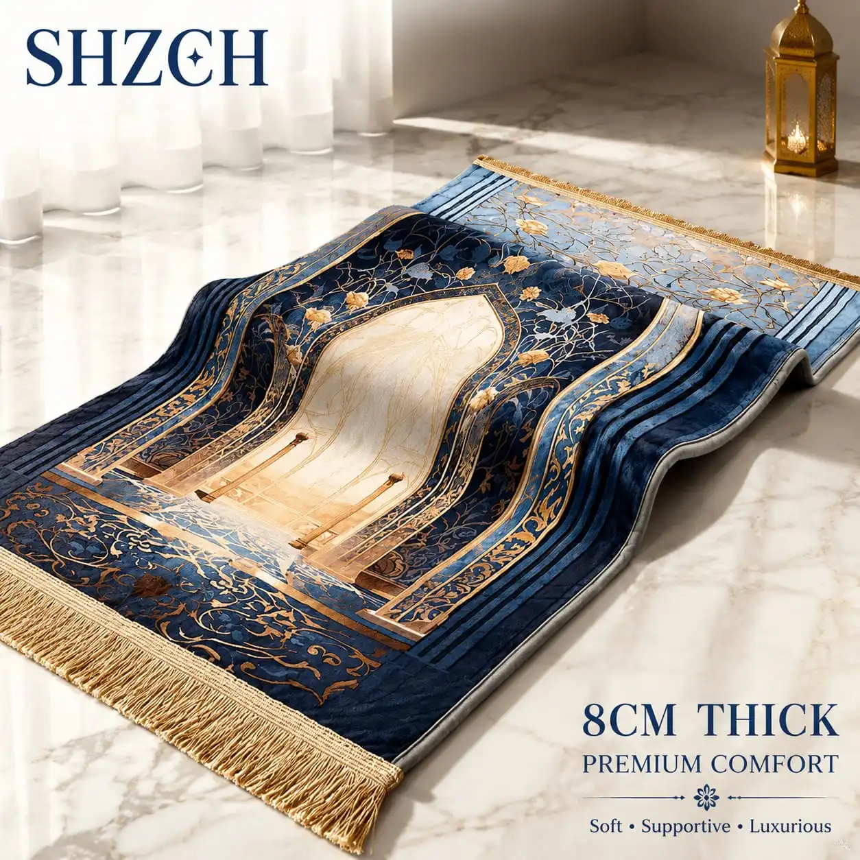 Prayer Rug Luxury Embroidered Islamic Prayer Rug Cushioned Knee Protection 