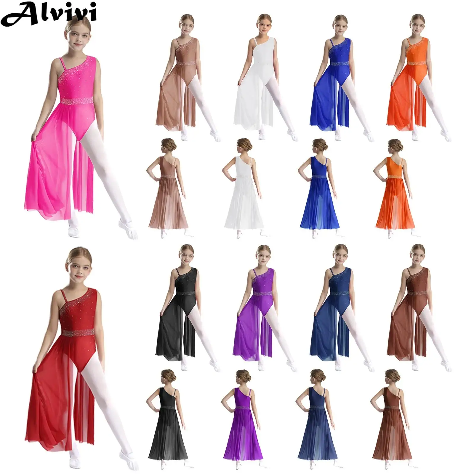 Kids Girls Modern Lyrical Dance Costume Figure Skating Ballet Gymnastics Leotard Dress Sleeveless Rhinestones Mesh Dancewear