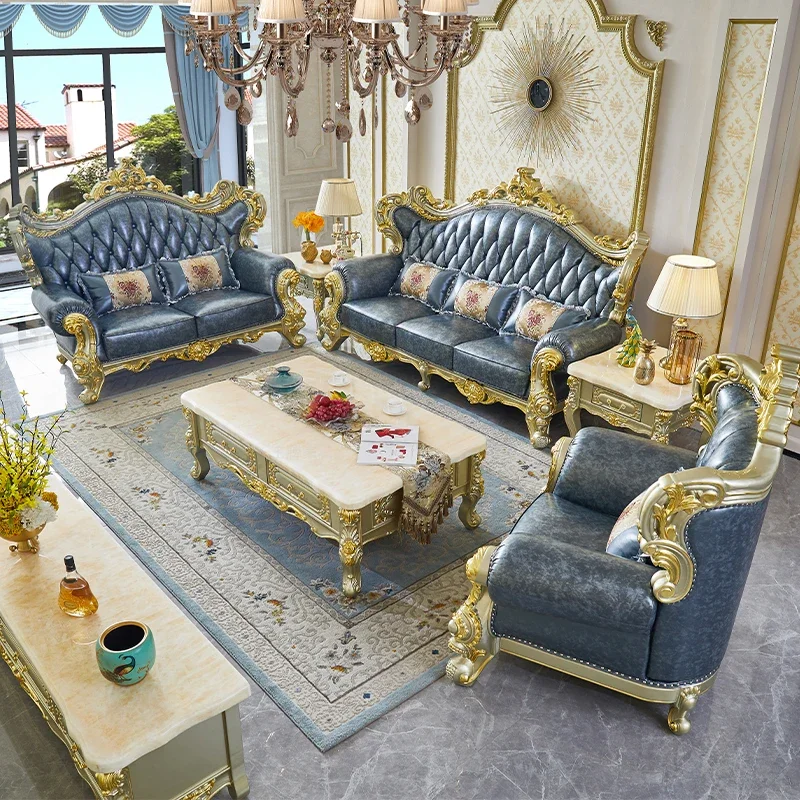 123 combination of European leather solid wood sofa, golden villa size apartment