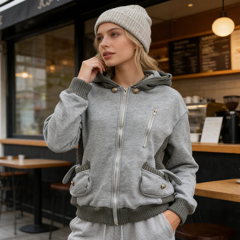 

Эстетичная модная женская куртка в американском винтажном стиле с карманами и молнией, кардиган с длинными рукавами, худи в стиле 2000-х, весенняя повседневная уличная одежда