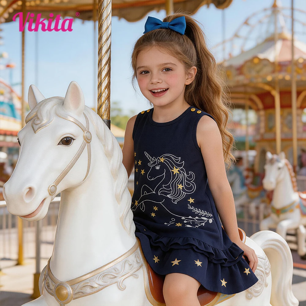 VIKITA Mädchen-Sommerkleid, marineblau, ärmellos, für Kinder, Baumwolle, lässig, für den Alltag, Schule, Einhorn-Stern-Druck, gerader Schnitt mit Rüschensaum