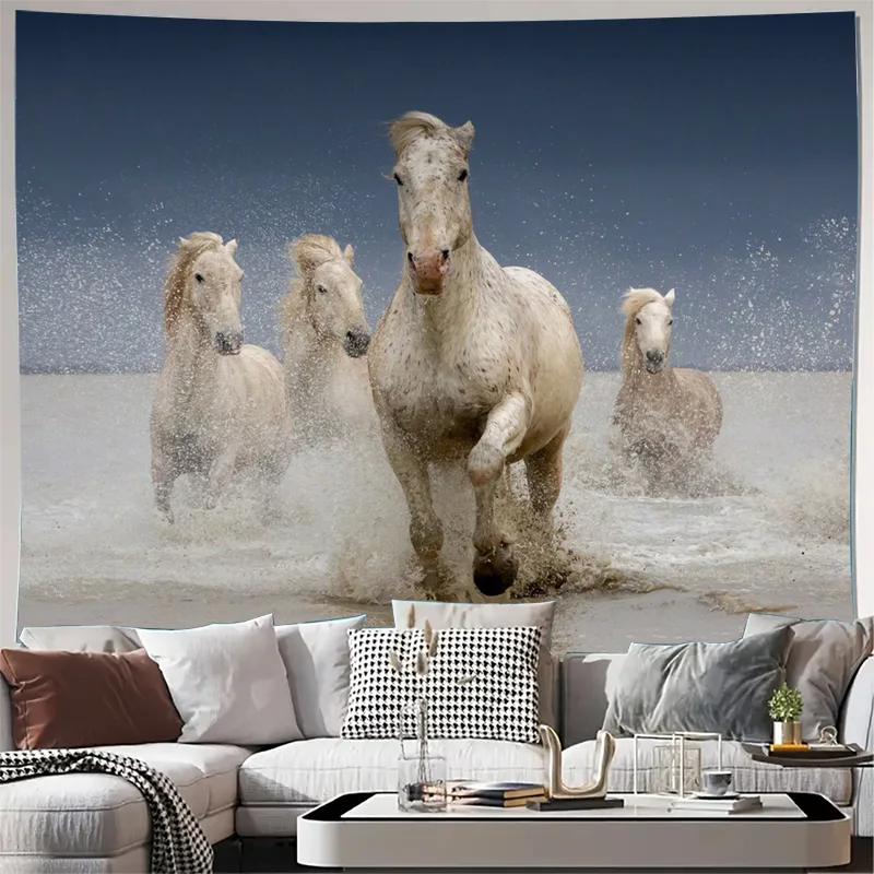Dramatic White Horse Gallop Tapestry Wall Hanging Canvas Art Print for Modern Farmhouse Equestrian Living Room Decor Poster