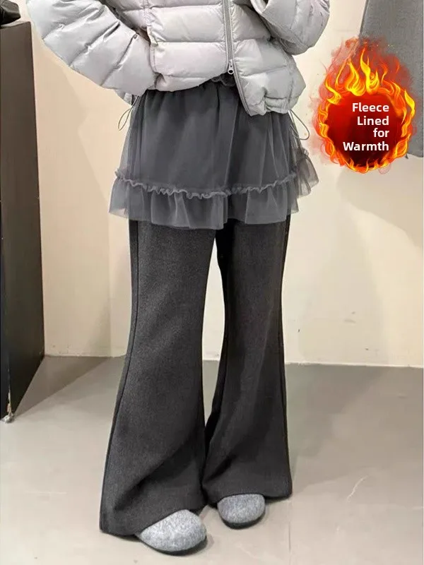 

High Waist Fce Lined Casual Trousers Bell Bot Loose plus Size Women's Faionable Net Patchwork Winter 2025