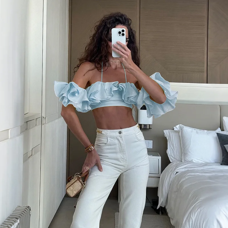 Sexy Ruffle Halter Tops Fashion Chic Elegant Shirts Streetswear Summer Women Bandage Solid Pleated Off Shoulder Tops