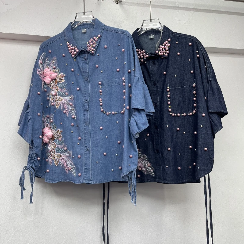 GALCAUR colorblock spliced appliques cowboy shirts for women lapel short sleeves patchwork bead temperament shirt femlae fashion