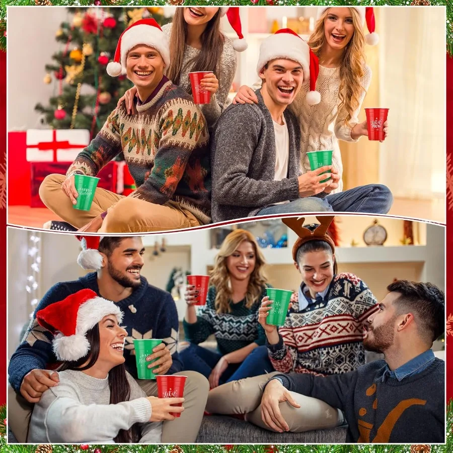 60 Pcs 16 oz Christmas Plastic Disposable Cups Bulk with Snowflake Elk Star Christmas Tree Designs for Holiday and Birthday Par