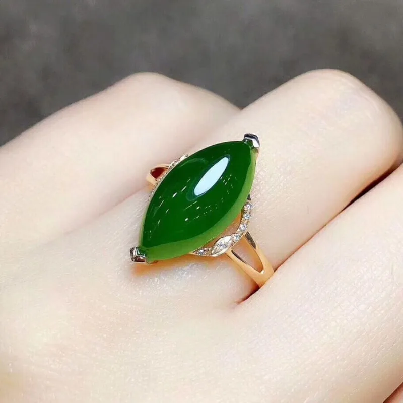 Anillo Abierto de Jade Verde con Corte Oliva, Crisoprasa, Chapado en Oro de 24K, Joyería de Piedras Preciosas para Mujer, Regalo