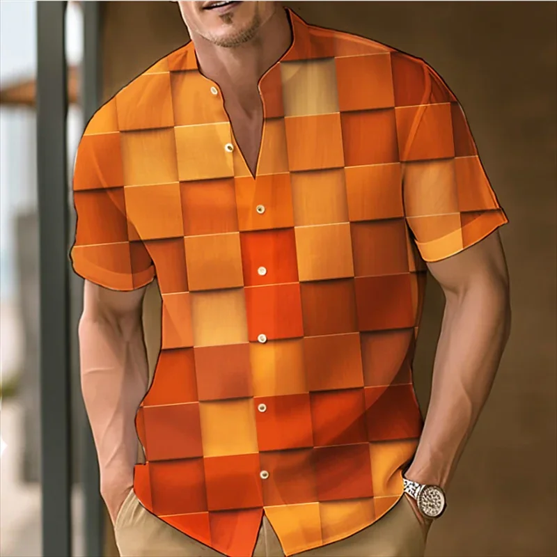 Camisa con estampado 3D a cuadros para hombre, camisa con botones y cuello levantado, ropa de manga corta de gran tamaño, diseñador de moda, comodidad informal