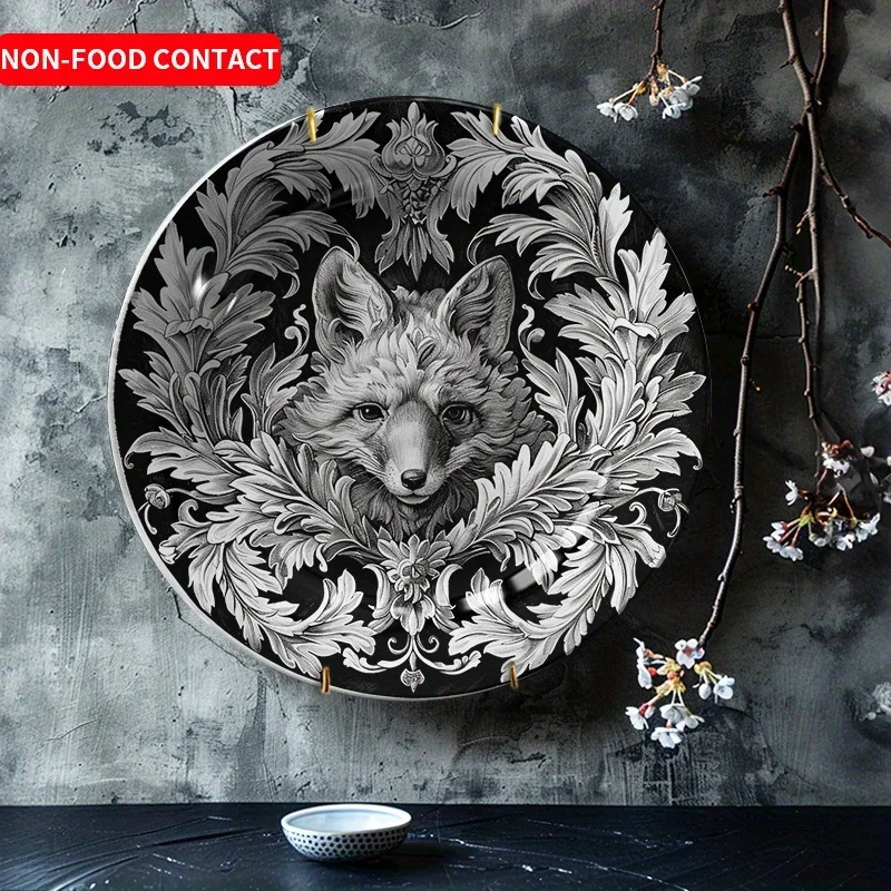 1pc Non-Food Contact Nordic Style Black and White Fox Floral Ceramic Decorative Plate - Artistic Wall or Tabletop Decor for