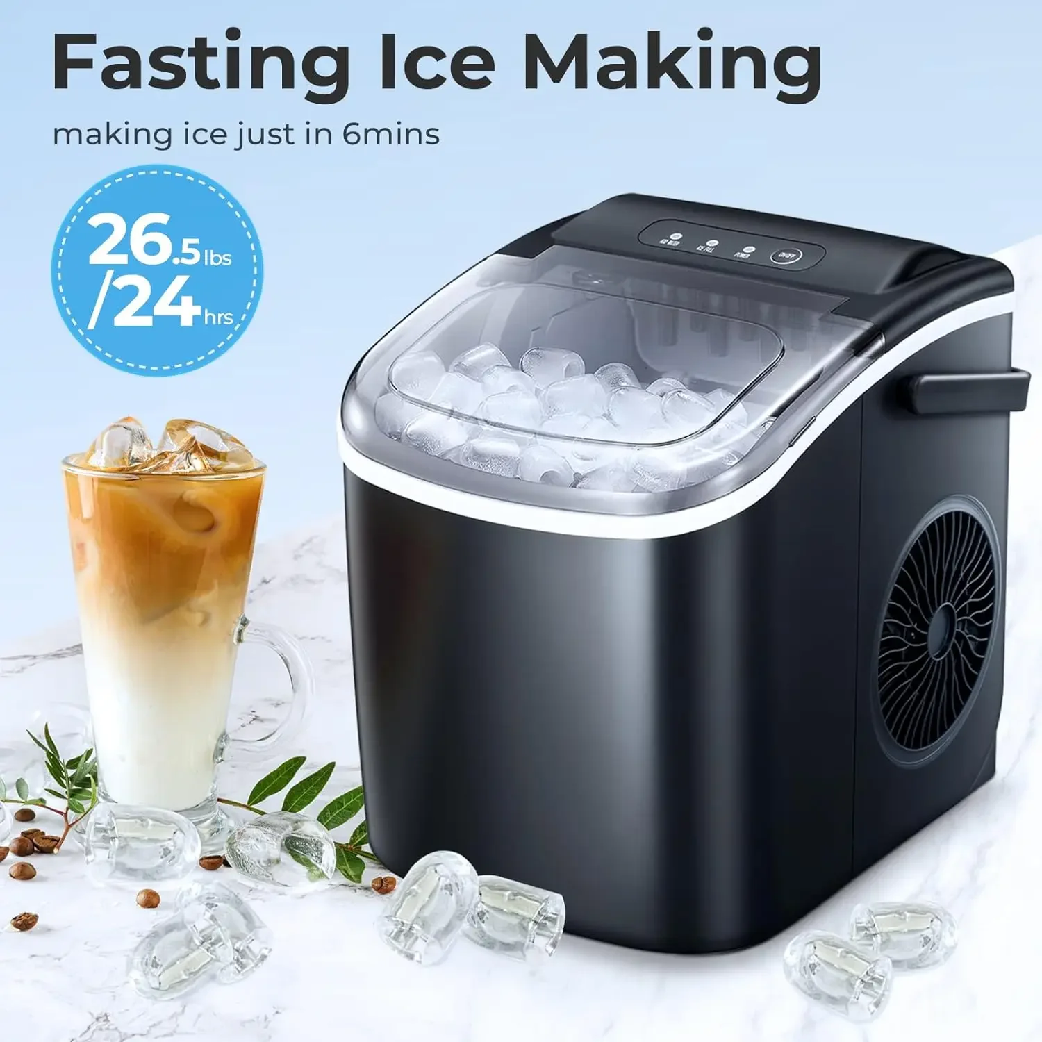 Self-Cleaning Countertop Ice Maker - Efficient 26.5lbs/24Hrs Ice Machine, Quick 9 Ice Cubes in 6 Mins, Convenient Ice Basket and