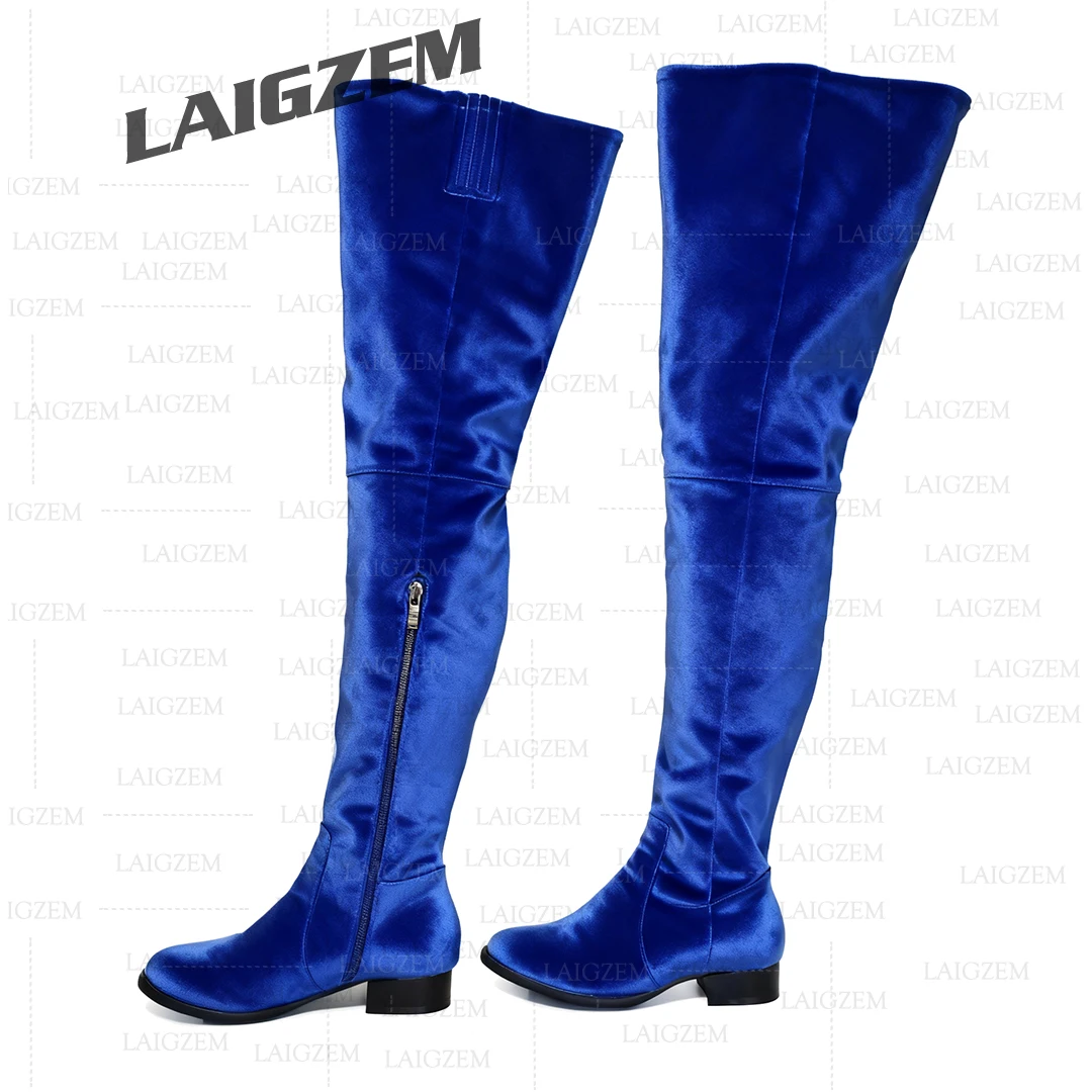 

LAIGZEM Women Boots Over Knee Round Toe Side Zip Low Heels Tall Boots Velvet Ladies Handmade Shoes Woman Big Size 39 42 45 52
