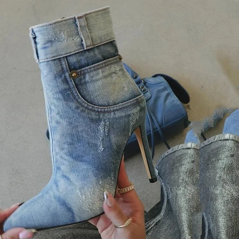 Blue Stiletto Heels Jeans Ankle Booties Pointed Toe Side Zipper Pocket Wash Denim Cover Heels Spring Autumn Women Short Boots