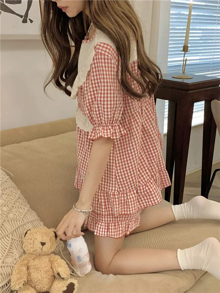 Lace Soft 100%cotton Princess Korean Plaid Sweet Short Sleeve Summer ajama Set Women Cute Court style Loose Elegant Sleep Tops