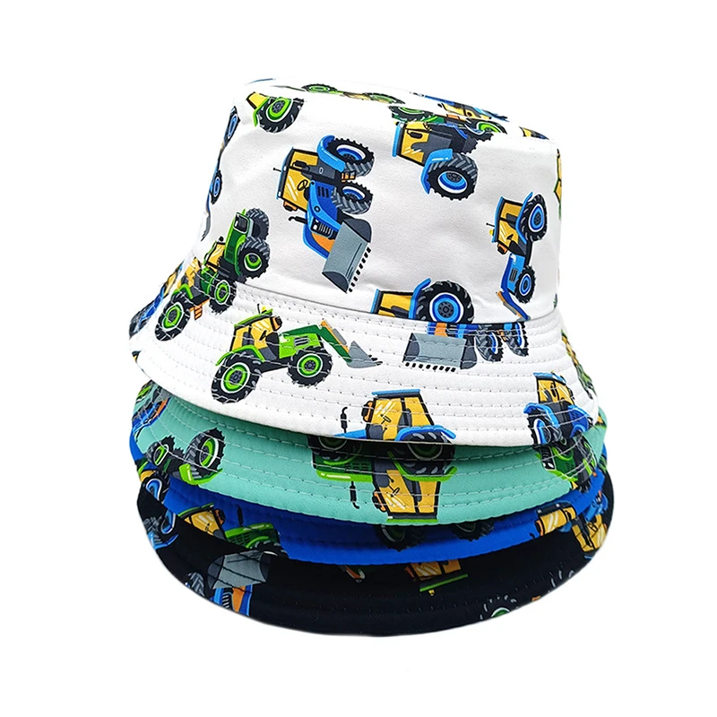 Top Children Cartoon Bucket Hat Pattern Fisherman Hats Bulldozer Toy Panama Cap Boy Kids 54cm Double Sides Cap Outdoor Sunscreen