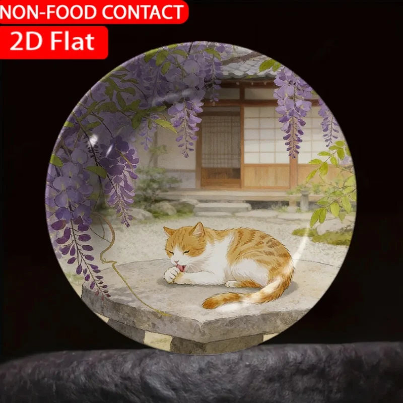 1pc Japanese Wisteria Cat Orange Ceramic Plate Non-Food Contact, Home Desk Ornaments, Living Room And Bedroom Decorations,
