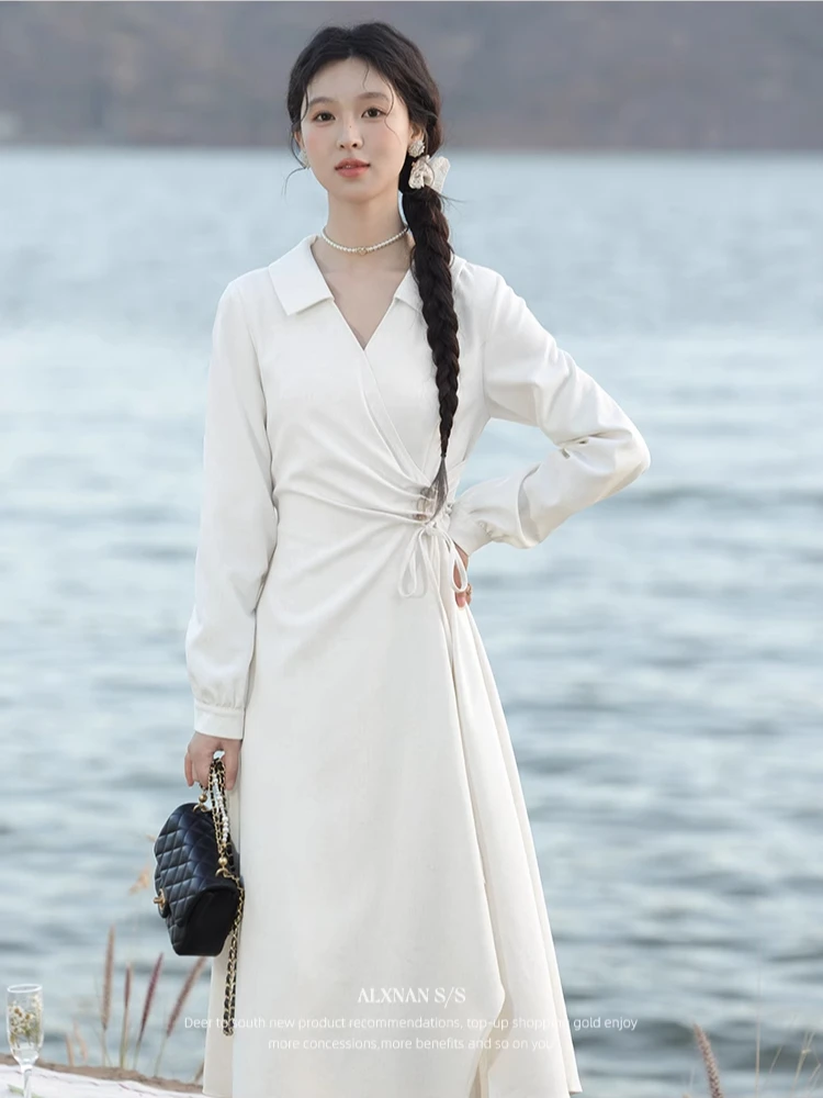 

ALXNAN Apricot Long Lapel Dress Elegant Holiday Party Women Dresses 2025 Waist Beaded Irregular Hem Long Sleeve Clothing L52987
