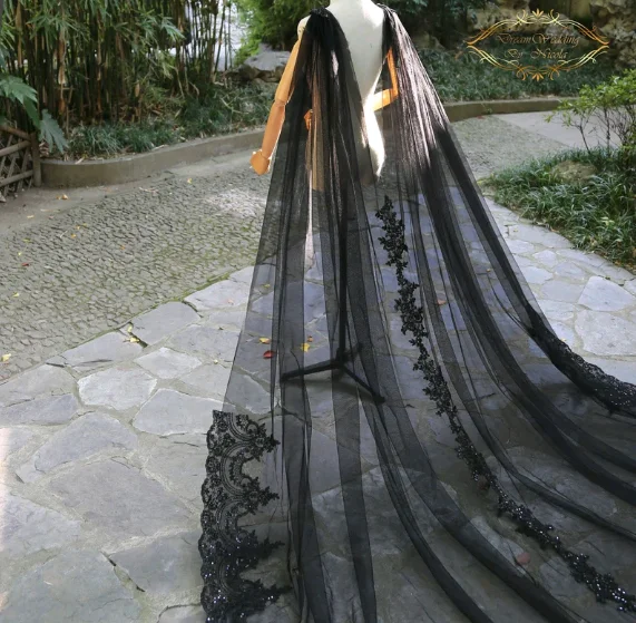 Dazzling Black Bridal Cathedral Wedding Bridal Long Ivory Cloak Shining Lace Church White Cloak Veil Black Shining Black Veil