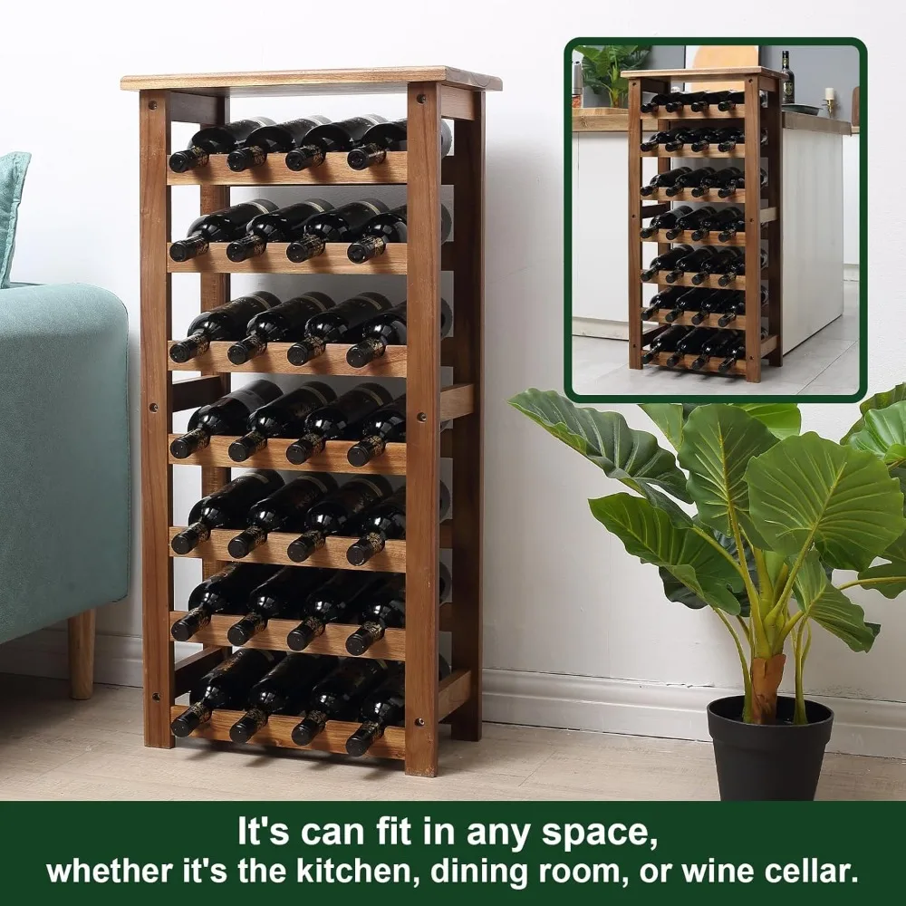 Wooden Wine Rack, 7 Tire Floor Wine Storage Rack, 28 Bottles Holder, Free Standing Display Rack for Kitchen, Pantry, Cellar, Na