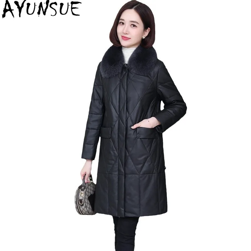 AYUNSUE chaqueta de piel de oveja auténtica para mujer, abrigo de plumón de pato blanco 90%, ropa de invierno para mujer, cuello de piel de zorro, Casaco femenino