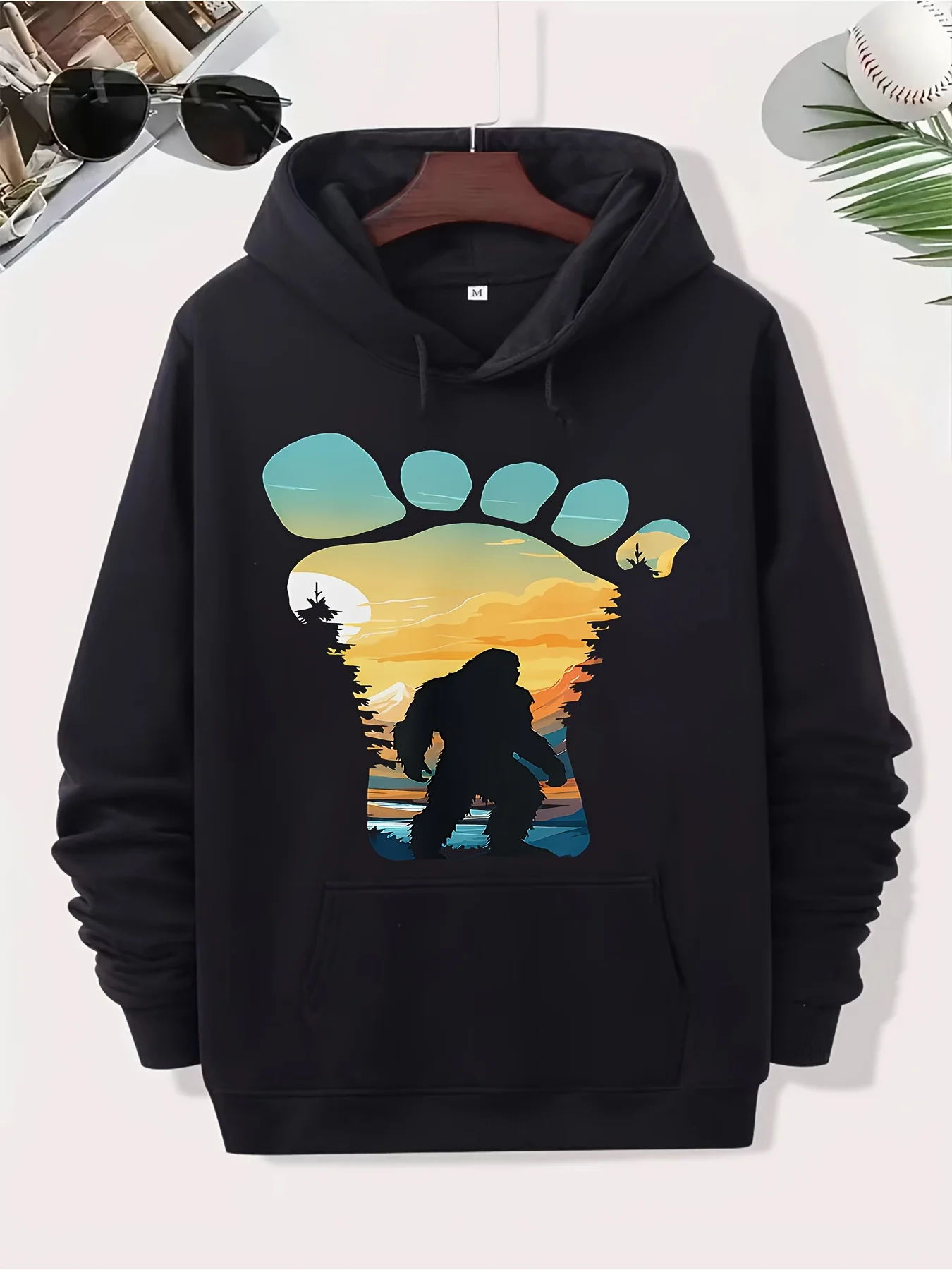 Bigfoot Men's and Women's Printed Hoodie - Classic Black Cotton Blend Pullover with Kangaroo Pocket, Bigfoot/Footprints and Forest Patterns, Casual Match Day and Mystery Animal Themes, Comfortable Fit Hooded Sweater