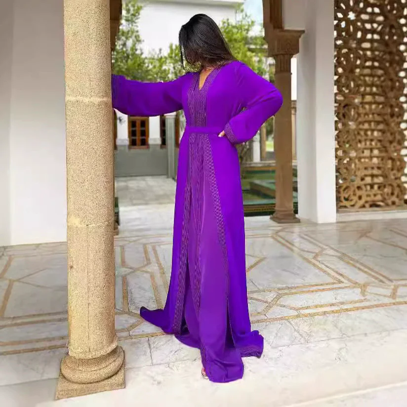 Café Color2 pièces ceinture Abaya ensemble dubaï turquie Bangladesh musulman Hijab modeste caftans Robe Robe Femme Ensembles islamiques 2025