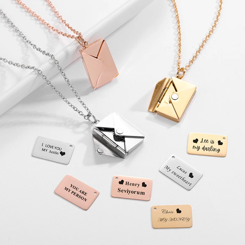 Custom Stainless Steel Envelope Locket Necklace Love Letter Envelope Pendant Necklace Openable Hidden Love Letter Gift for Lover