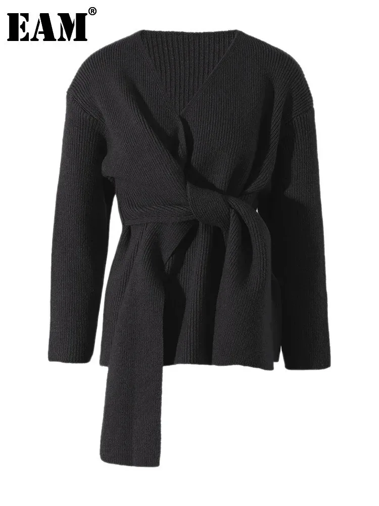 [EAM] suéter tejido de vendaje Irregular negro, jerséis de manga larga con cuello redondo para mujer, nueva tendencia de moda Otoño Invierno 2024 2R4635