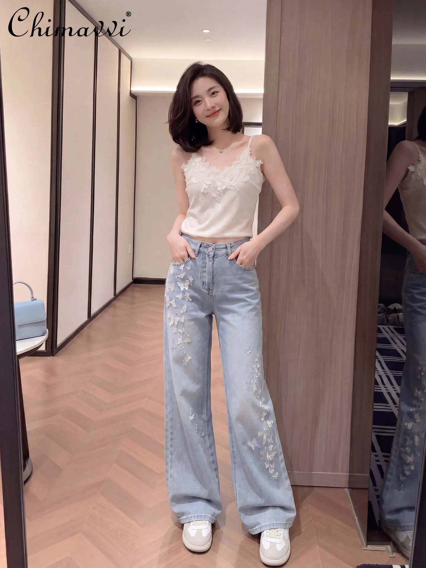 

Heavy Butterfly Hot Diamond Denim Loose Pants Women's Summer New Fashion High Waist Loose Slim European Distressed Pants
