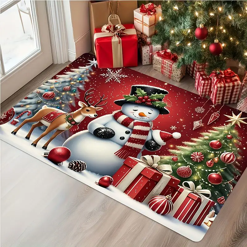 VIKAMA Christmas Snowman and Reindeer Bathroom Door Mat Red Winter Tree Snowflake Floor Rug Absorbent Non Slip Cozy Home Decor