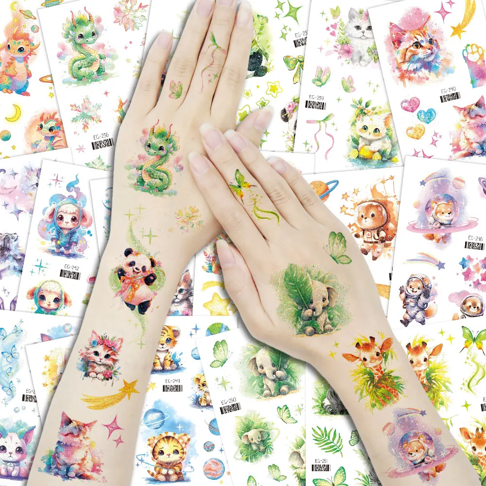 Glitter Animals Temporary Tattoo Stickers Cartoon Tattoos For Kids Face Hands Cute Panda Cat Tiger Fake Tattoo Colorful Stickers