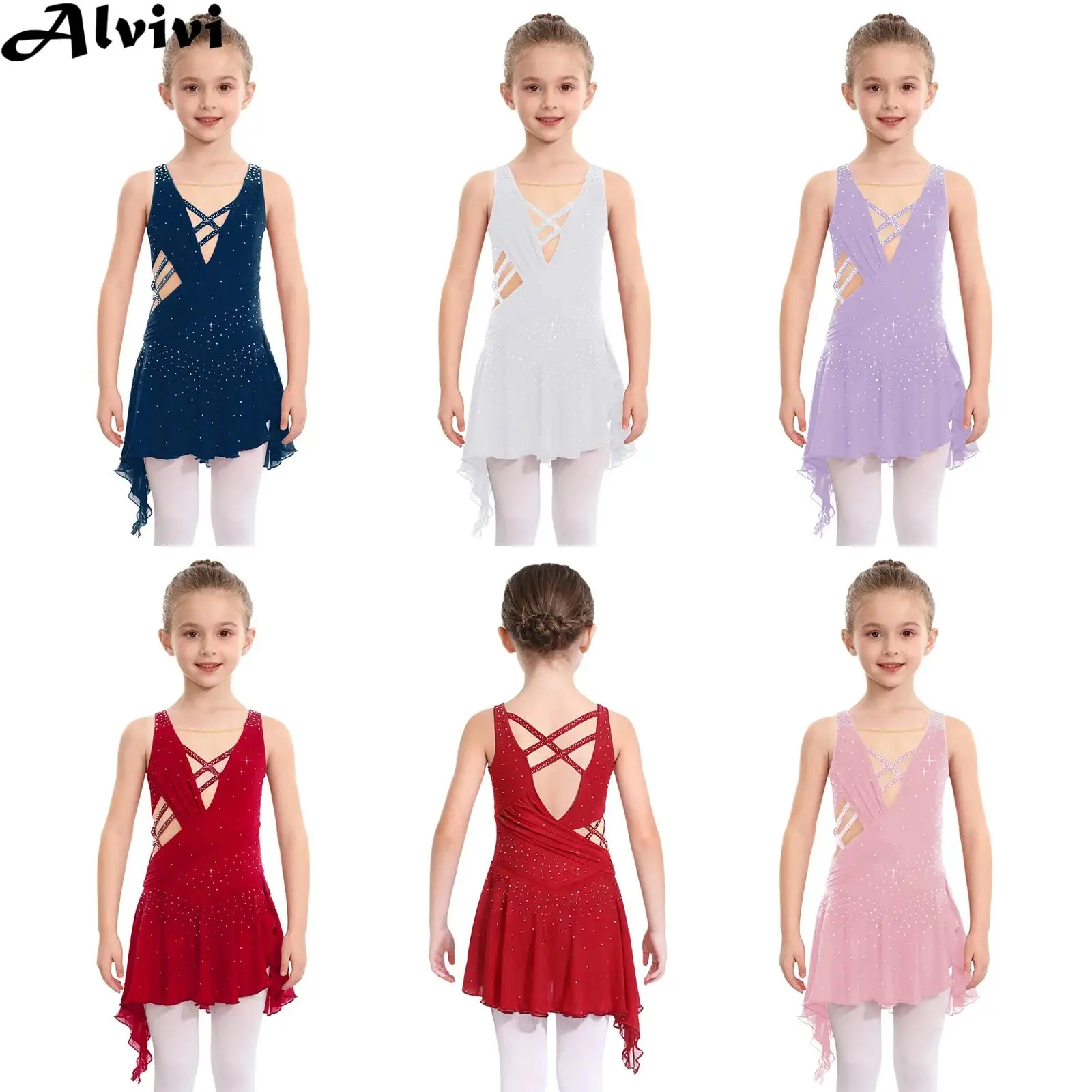 6-16Y Girls Figure Skating Leotard Dress Shiny Rhinestones Sheer Mesh Dancewear for Lyrical Dance Ballet Gymnastics Acrobatics