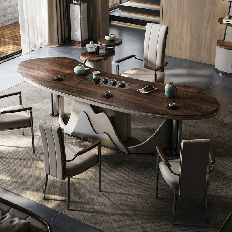 New Chinese Style Walnut Tea Table Set Irregular Light Luxury Design High End Office Reception Desk and Chair Combination