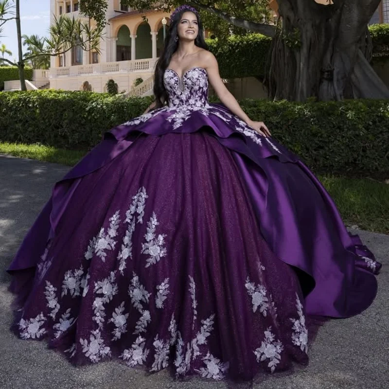 

Purple Quinceanera Dress Crystal Glitter flower Decal off-shoulder Lace Long tail Bow Vestidos De 15 Quinceanera ﻿Customize