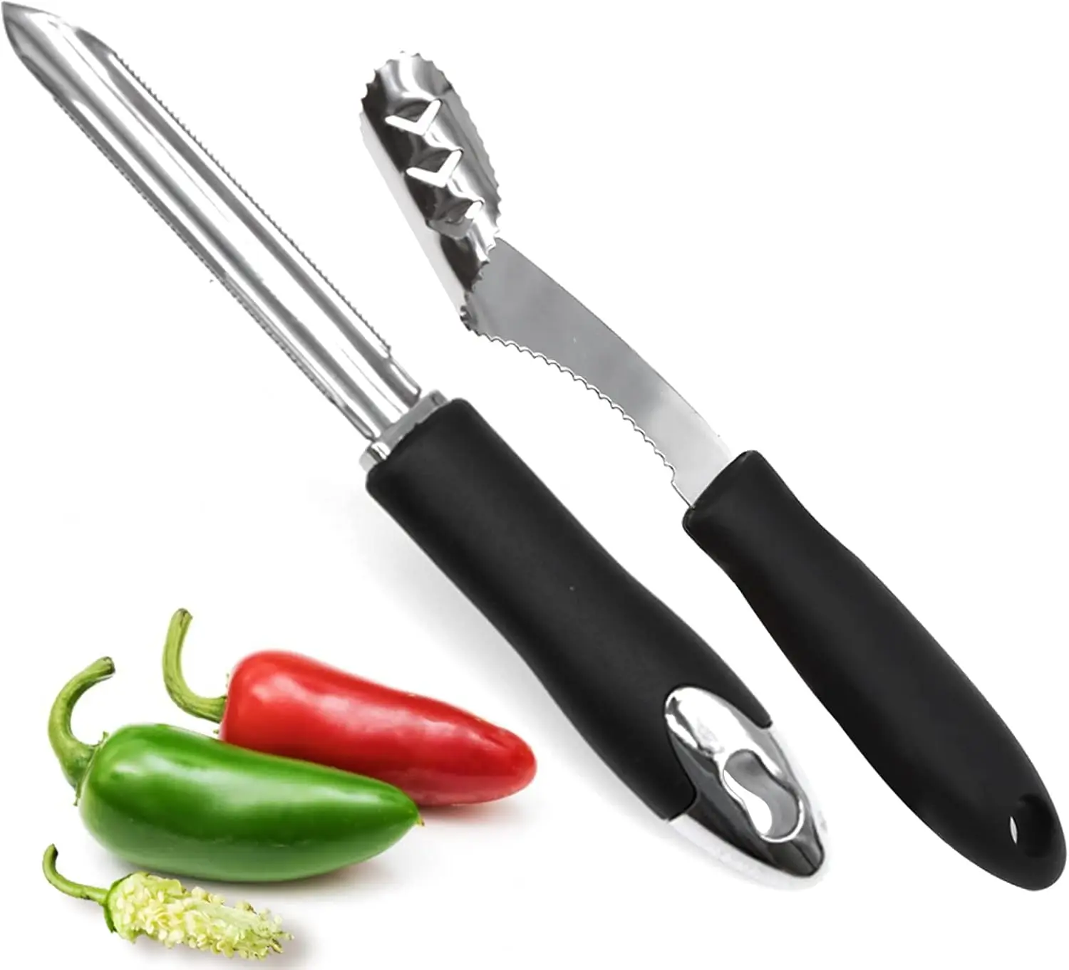 Juego de 2 Descorazonadores de Pimientos Jalapeños - Removedor de Núcleos Dentado de Acero Inoxidable para Pimientos, Zanahorias y Pepinos con Mango Ergonómico