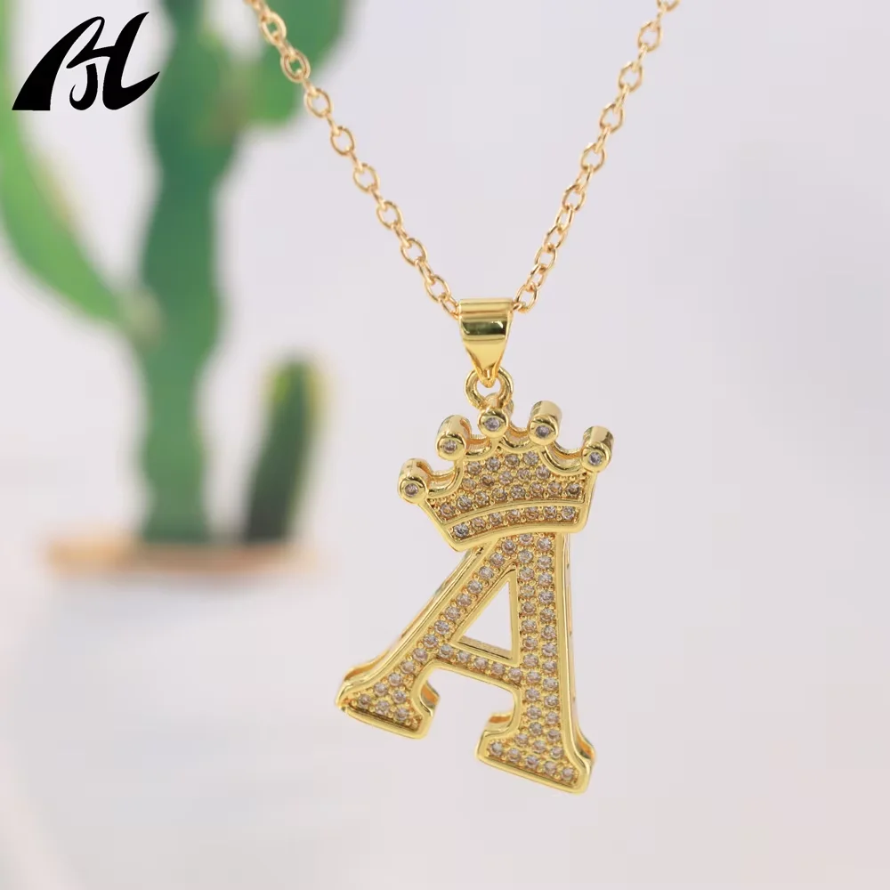 26 Letters A-Z Alphabet Iced Out Crown Gold Plated Hip Hop Initial Pendant Necklace