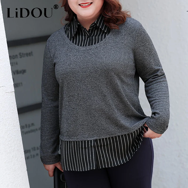 Spring Autumn Solid Casual Plus Size Fake Two Pieces Shirt Women Long Sleeve All Match Loose Lady Tops Oversized Female Clothes