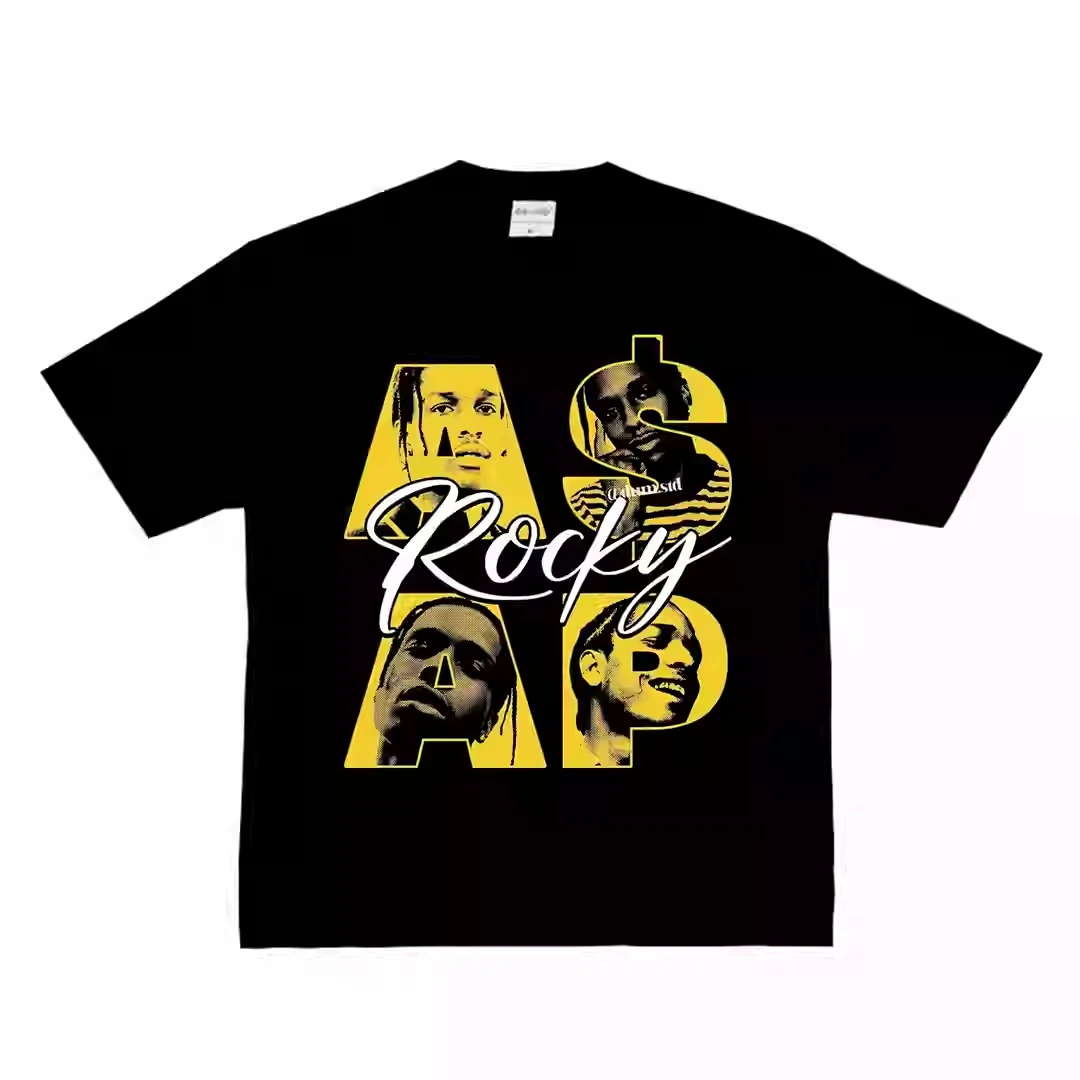 ASAP Rocky American Style Small Neckline Do Old Retro Street Instagram Super Hot Cotton  Sleeve T-shirt Hipster High Quality