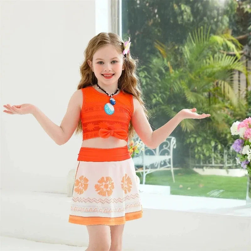 3Pcs/Set New Arrive Girls Princess Moana Swimsuit Children's Vintage Print Holiday Beach Party Swimwear Baby Bikini Swimsuits
