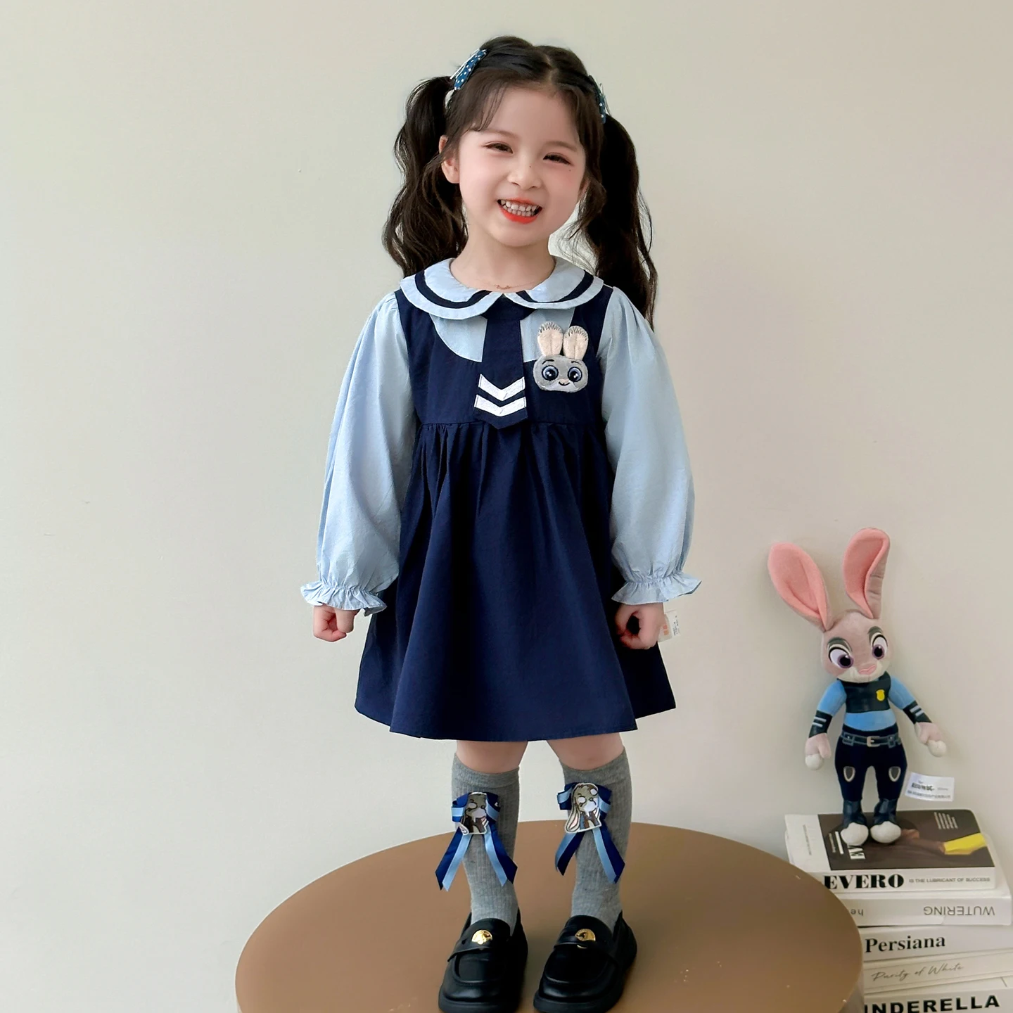 

Girls' Long Sleeve Dress Korean Style Cute Rabbit Police Officer Dresses Autumn New Patchwork Lapel Children's Princess Gown