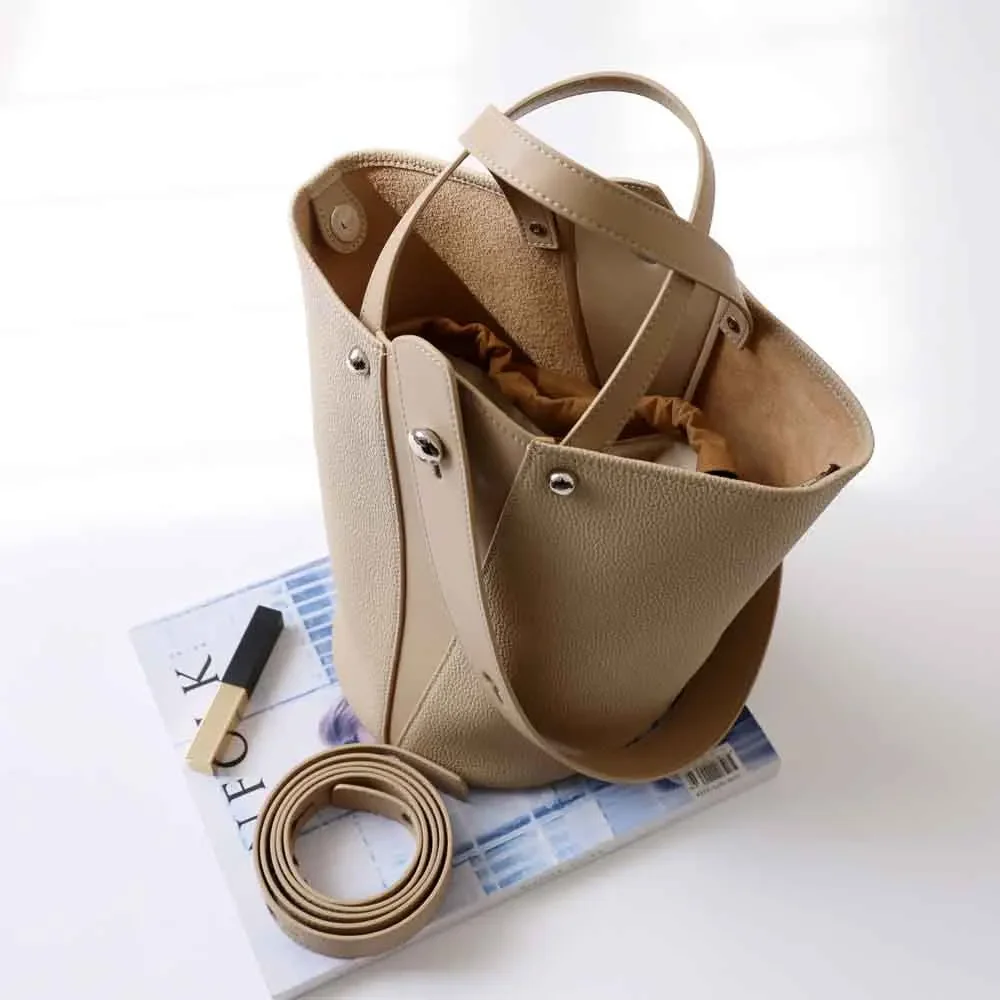 MS Fashion Genuine Leather Bucket Bags for Women Unique Patchwork Handbag Luxury Shoulder Bag Unique Shape Lady Basket Bag 2023