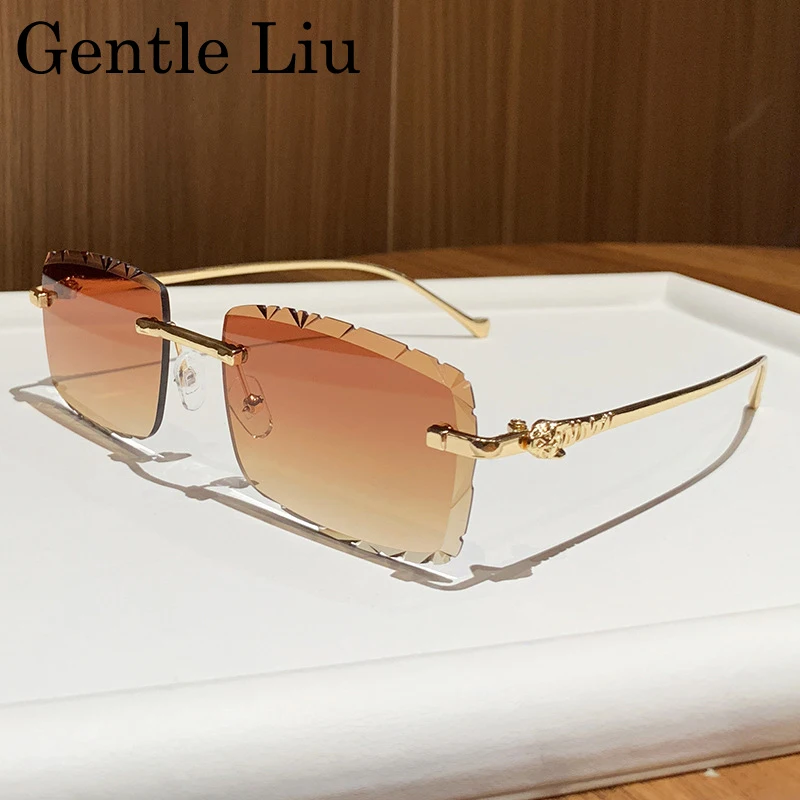 Fashion Small Rectangle Rimless Sunglasses Men 2025 Luxury Brand Square Frameless Metal Frame Cut Edge Eyewear For Male Shades